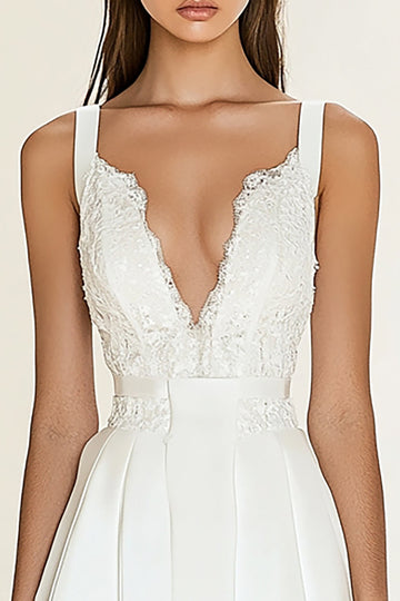 Sheath V Neck Satin Little White Graduation Dress with Lace